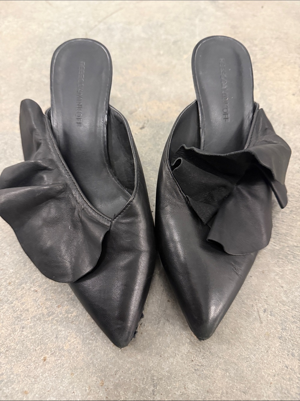 Rebecca Minkoff Black Leather Ruffle Pointed Slip-On Mules